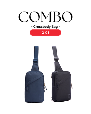 Two crossbody bags, one blue and one black, on a white background with 'COMBO' and '2X1' text.
