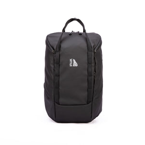 A black CRUISER backpack made from recycled materials, featuring a top handle, front zipper pocket, and a brand logo on the side.